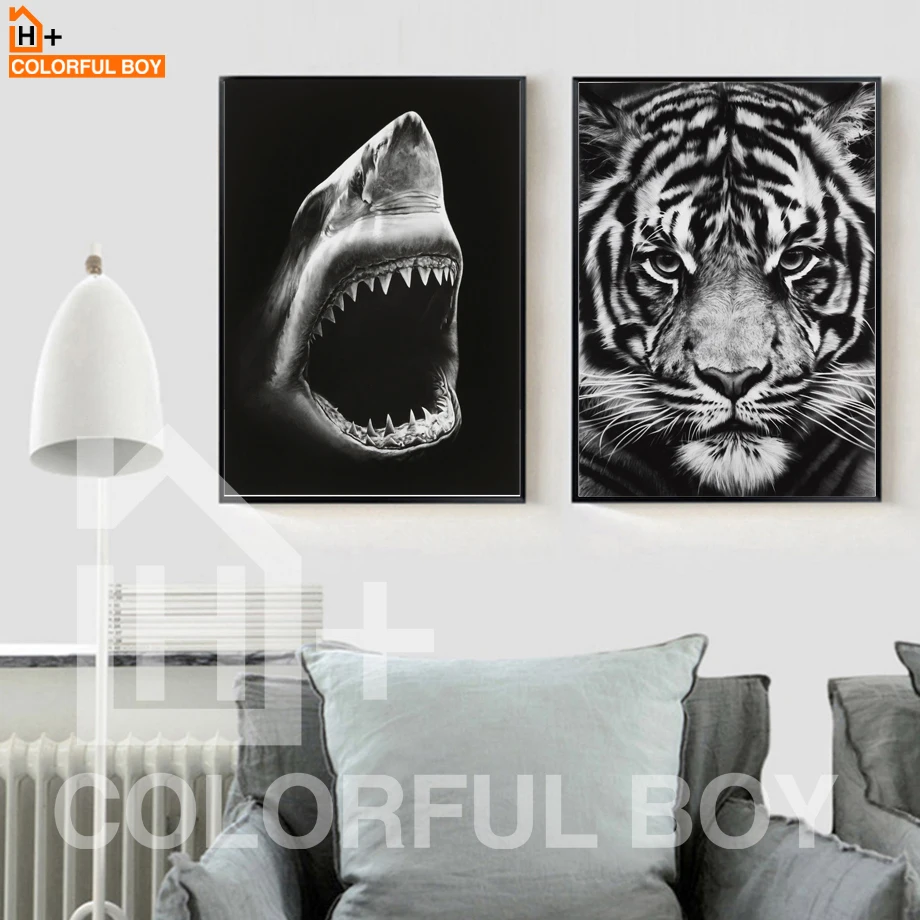

COLORFULBOY Modern Tiger Shark Canvas Painting Black White Wall Art Posters And Prints Wall Pictures For Living Room Home Decor
