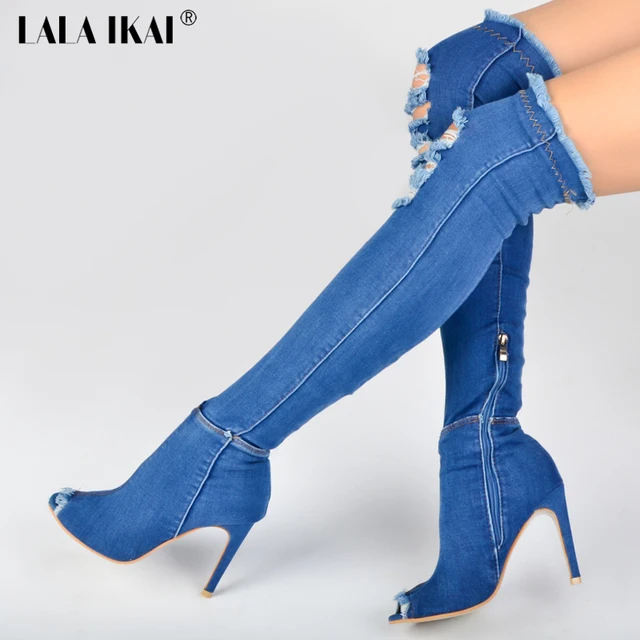 Image result for Denim knee-high boots