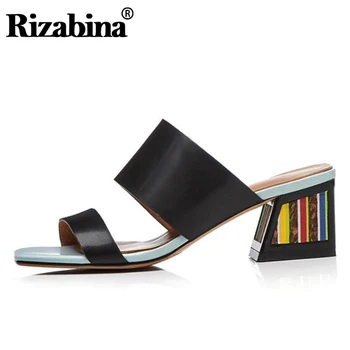 

RIZABINA Women High Heels Sandals Genuine Leather Summer Shoes For Women Fashion Stripe Beach Slides Sexy Slippers Size 33-43