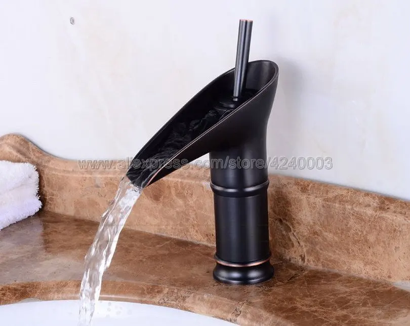Black Oil Rubbed Brass Waterfall Spout Single Handle Bathroom Sink Vessel Faucet Basin Mixer Tap Knf091