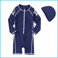 Комплект из 3 купальных костюмов для детей, топ с длинными рукавами и низ, купальный костюм с шапкой, детский синий купальный костюм для мальчиков с надписью «Rash Guard»+ плавки