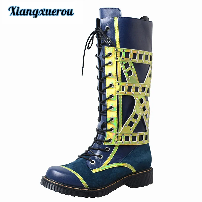 

Xiangxuerou Winter 2018 European and American style leather leisure flat bottom belt high boots rider boots can be worn twice