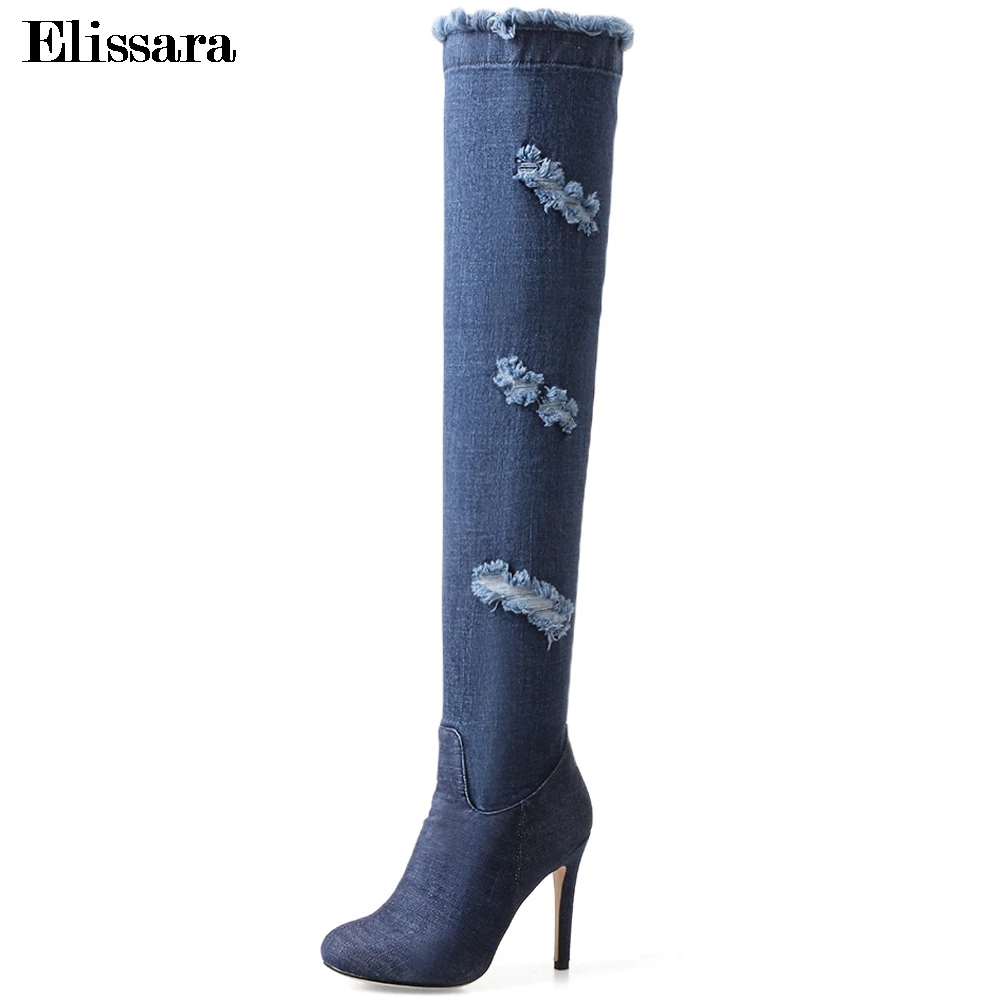 

Elissara Women Winter Boots Women High Heels Over The Knee Boots Women Sexy Zipper Denim Western Style Women's Shoes Size 34-43