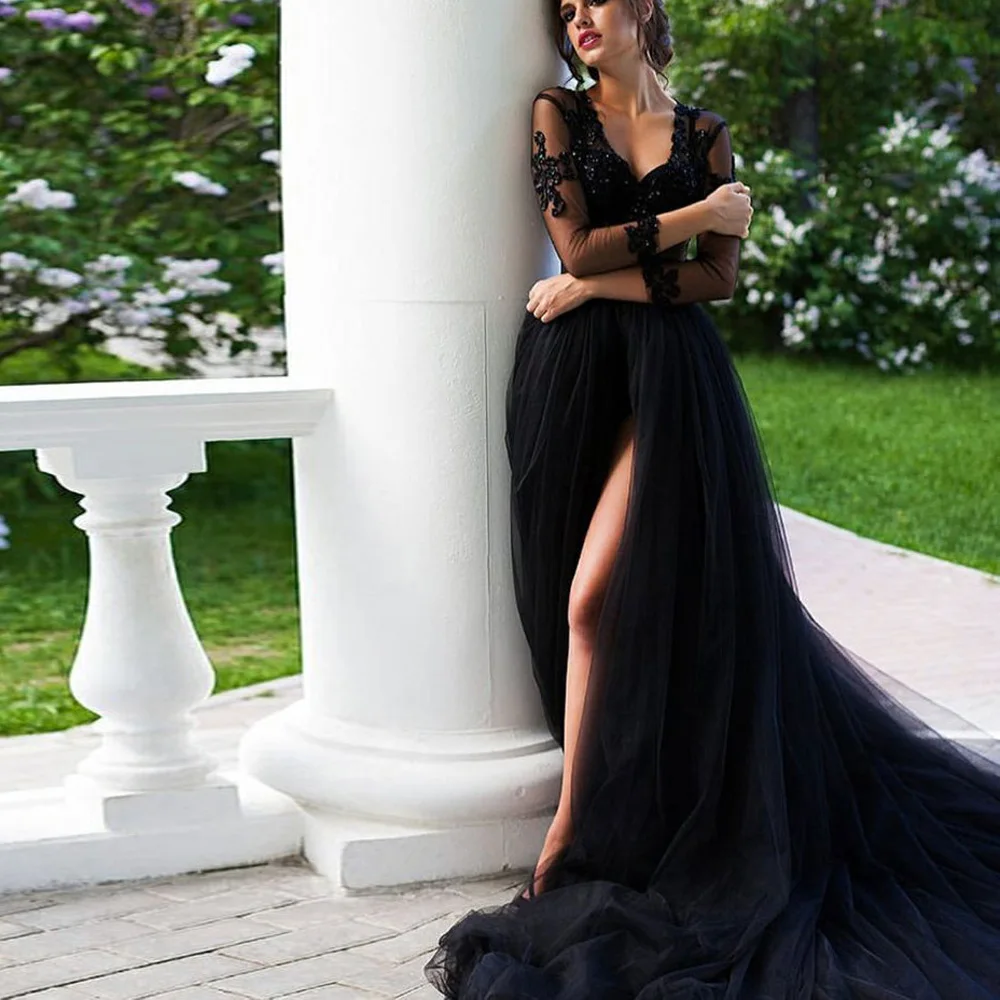 Симпатичная Черная Длинная свадебная фатиновая юбка s с длинным шлейфом, сексуальное платье в пол трапециевидной формы с разрезом сбоку