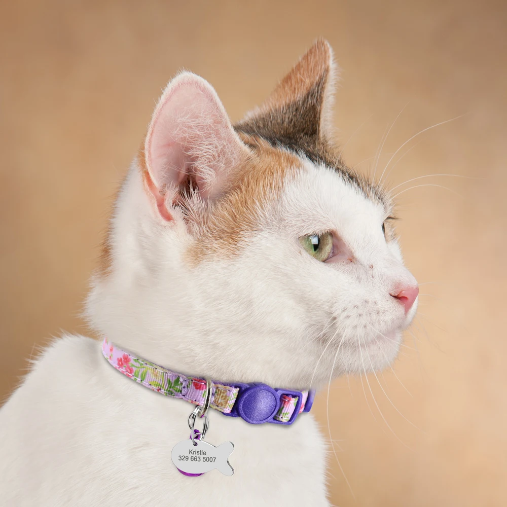 Personalized Cat ID Tag Collar Quick Release Pet Puppy Kitten Collars With Bell Safety Adjustable For Small Dogs Cats Pets Pink