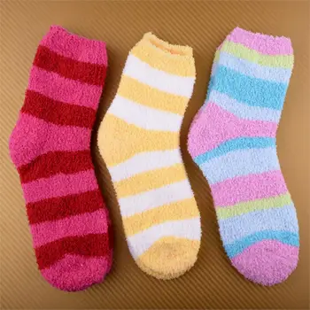 

3 Pair Women Girl Winter Warm Thicken Coral Fleece Fluffy Sleep Bed SocksStriped towel socks female crew socks floor plush socks