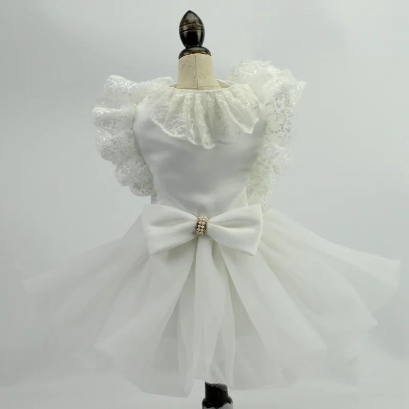 

High-end Luxury Bow satin Lace Beading Wedding White Dog Dress Clothing For Dogs Clothes Puppy Dog Cat Clothing Pet Apparel