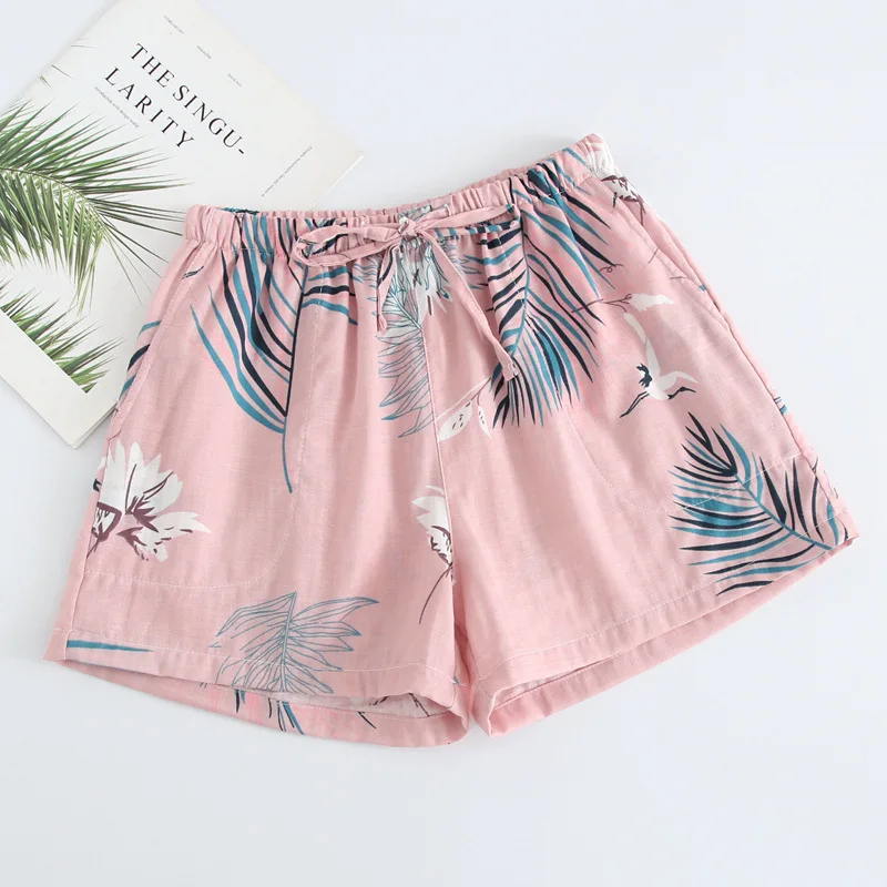 Летние женские шорты для сна, хлопковые марлевые пижамы, штаны с принтом, штаны для сна, одежда для сна, женская одежда для отдыха, одежда для сна - Цвет: Pink leaves