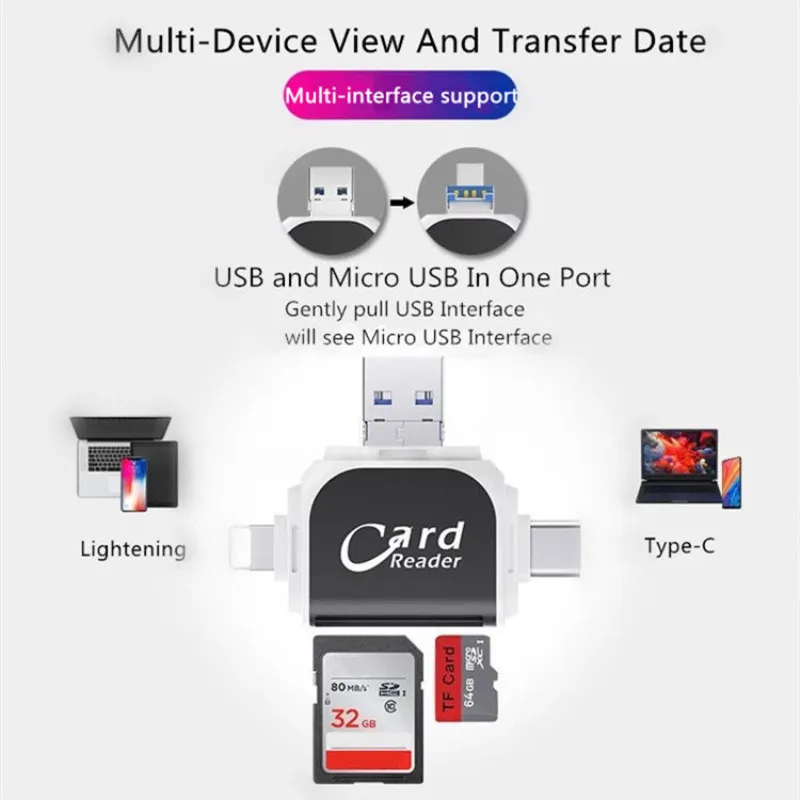 4 в 1 OTG картридер Micro USB C карт памяти SD адаптер TF Card Reader для iPhone X 6 7 8 samsung S8 телефона