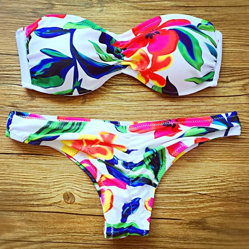

New Strapless Push Up Print Floral Fold Bikini Set Swimsuits For Women, Sexy Two Piece Triangle Swimwear Swimsuit Monokini