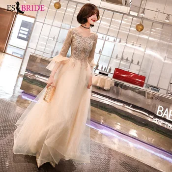 

Luxury Gold Evening Dress Arabic Elegant Tulle Long Sleeve Special Occasion Dresses Lace Evening Gown Evening Dresses ES2488