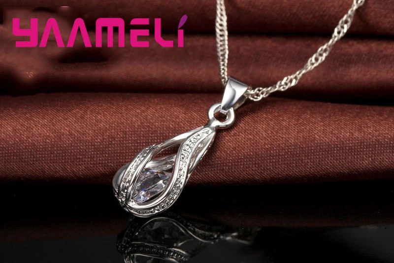 Hot Water Drop CZ 925 Sterling Silver Jewelry Set For Women Pendant Necklace Hoop Earrings Wedding Party Ceremoey Anel - Image 5
