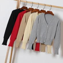 Размер M-2XL, Женский вязаный короткий кардиган, пальто, осень-весна, v-образный вырез, длинный рукав, вязаный базовый мягкий свитер, пальто, женские топы