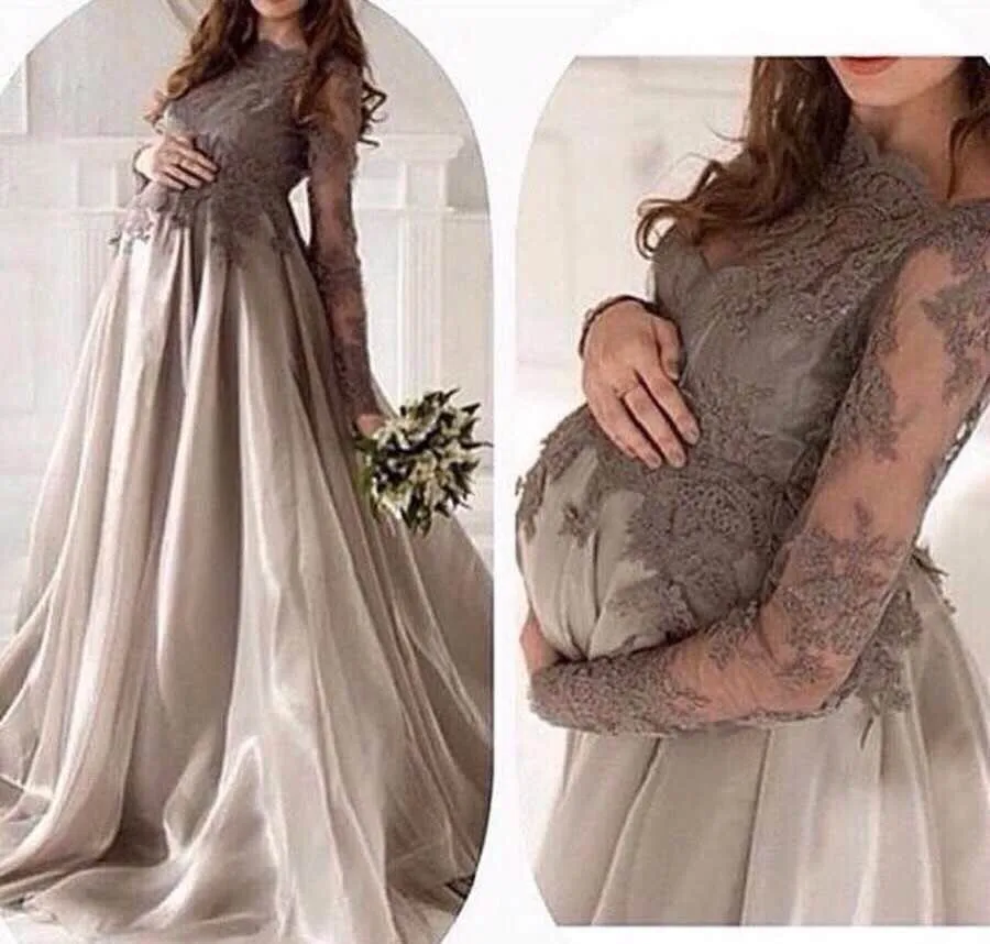 

Elegant Long Sleeves Empire Maternity Evening Dresses for Pregnant Women 2019 Applique Lace Long Prom Dress Formal Gowns Custom