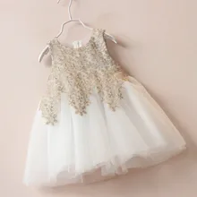 E-babe/, коллекция года, летнее газовое платье с золотым кружевом и аппликацией для маленьких девочек Детская праздничная одежда принцессы