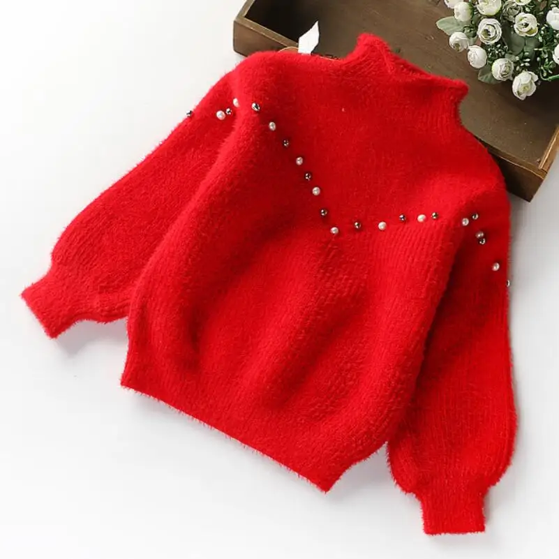 Г. Свитера для девочек-подростков; топы; Весна-Осень-зима; вязаный детский свитер с длинными рукавами и жемчужинами для девочек; детская одежда - Цвет: red girls sweaters