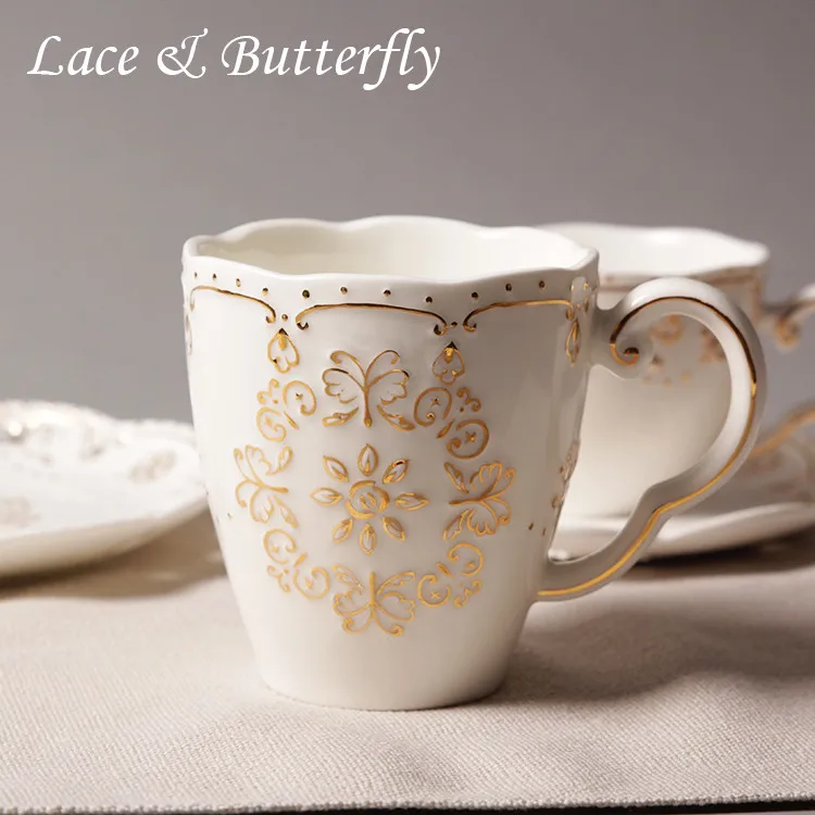 Высокое качество Золотое кружево костяного фарфора Керамические креативные декоративные кружки и чашки молочный чай чашка кофе Западная милая девушка послеобеденный чай