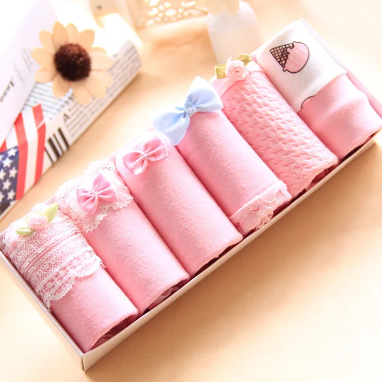 

6 Pairs/Lot Women Underwear Gift Box Candy Colors Cotton Bow Lace Printing Low Waist Girl Cartoon Casual Cute Briefs Plus Size