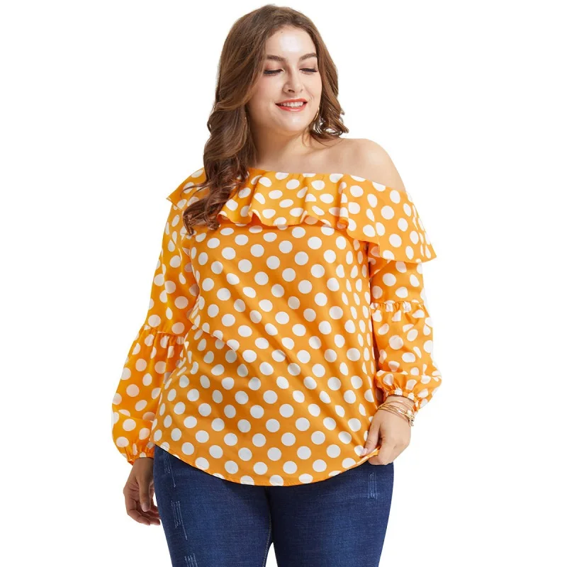 

WHZHM Autumn Skew Collar Sexy Plus Size 3XL 4XL Tops Blouse Ladies Full Sleeve Elegant Party Dot Vadim Casual Shirt Female