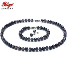 Black Natural Freshwater Pearls Fine Jewelry Sets 925 Sterling Silver for Women Classic Earrings Necklace Bracelet 6-7mm Feige