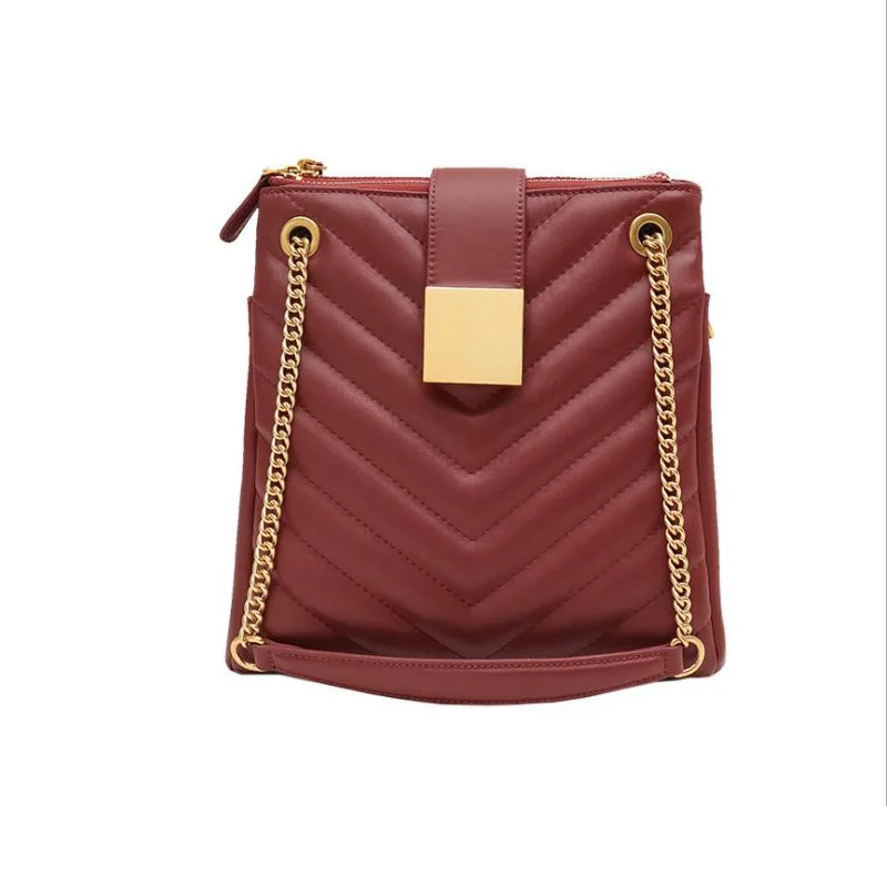 

Women Handbag Real Leather 2019 New Famous Brand Designer V Pattern Quilted Female Bucket Shoulder Bags Double Zipper Closure