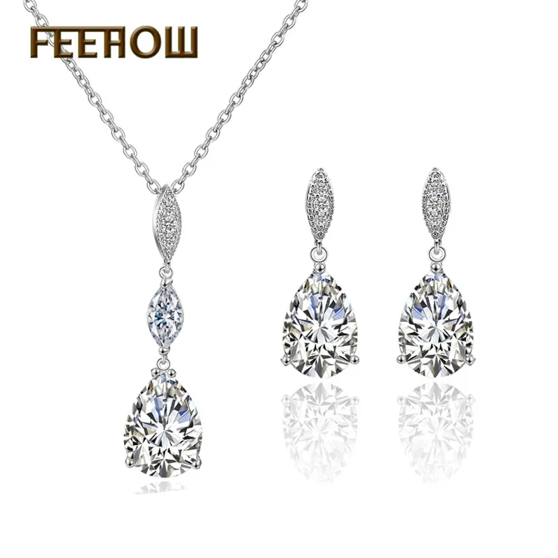 

FEEHOW New Exquisite Cubic Zirconia Drop Simple Sweet Earrings Pendant Set Jewelry for Bride Bridesmaid Birthday Gifts FWSP363