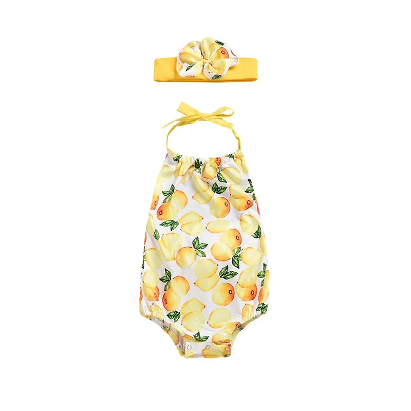 Одежда для новорожденных девочек, боди без рукавов на бретельках с лимонным принтом и круглым вырезом на спине, повязка на голову с бантом, 2 предмета, комплекты из полиэстера - Цвет: Многоцветный