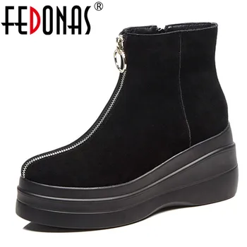 

FEDONAS Punk Women Cow Suede Ankle Boots Wedges High Heels Zipper Ladies Shoes Woman Quality Platforms Rock Party Short Boots