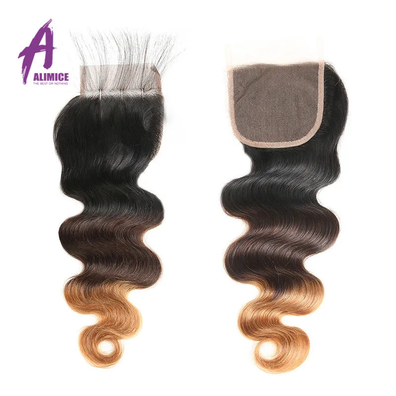 Alimice Ombre Bundles With Closure Peruvian Body Wave T1B/4/30 Color 100% Human Hair Weaves 3 Tone Non Remy Hair Extensions