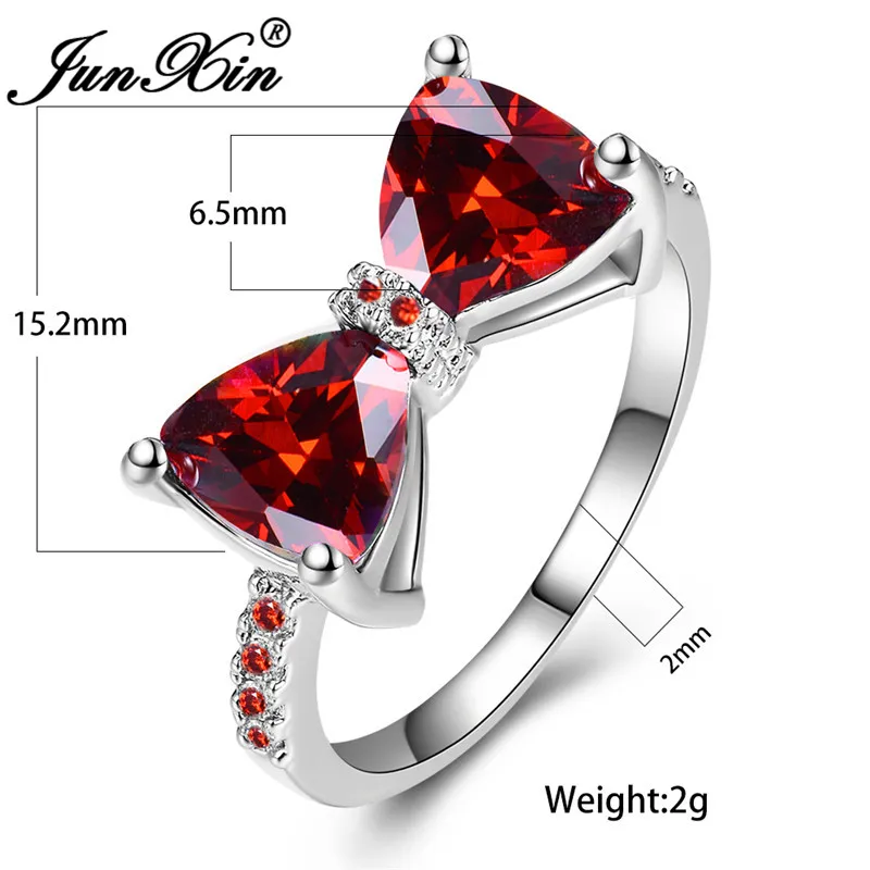 JUNXIN Female Crystal Bowknot Ring Silver Color Cute Minimalist Dainty Wedding Thin Rings For Women Red Blue Zircon Ring