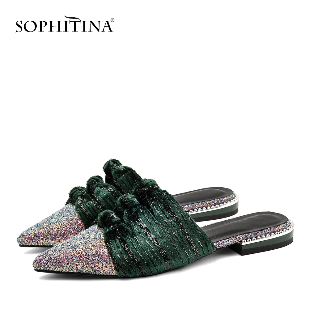

SOPHITINA Stylish Silk Ladies Slippers Summer Outside Pointed Toe Handmade Shoes Low Heel Slip-On Casual Women Slippers PO147