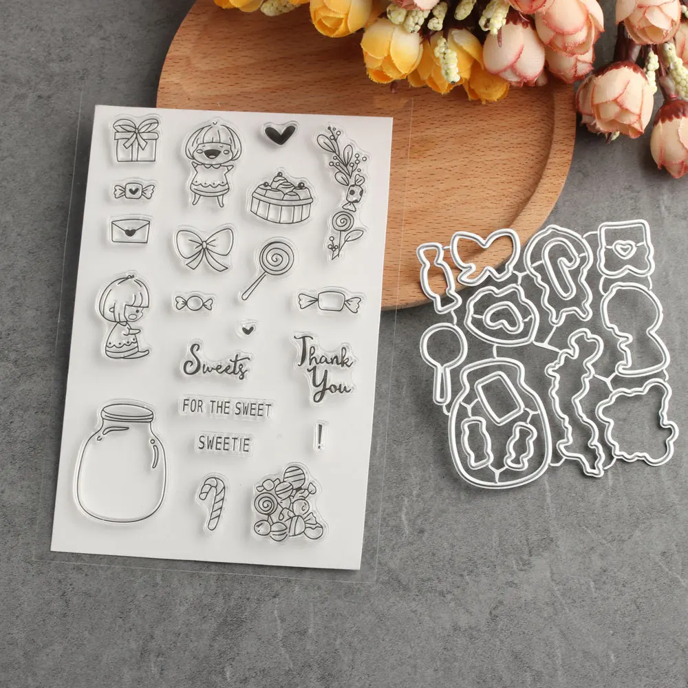 

1PC or 1Set Girls and Candy Gifts Stamp with Dies DIY Metal Cutting Dies & Clear Rubber Stamp Set Card Making Decor