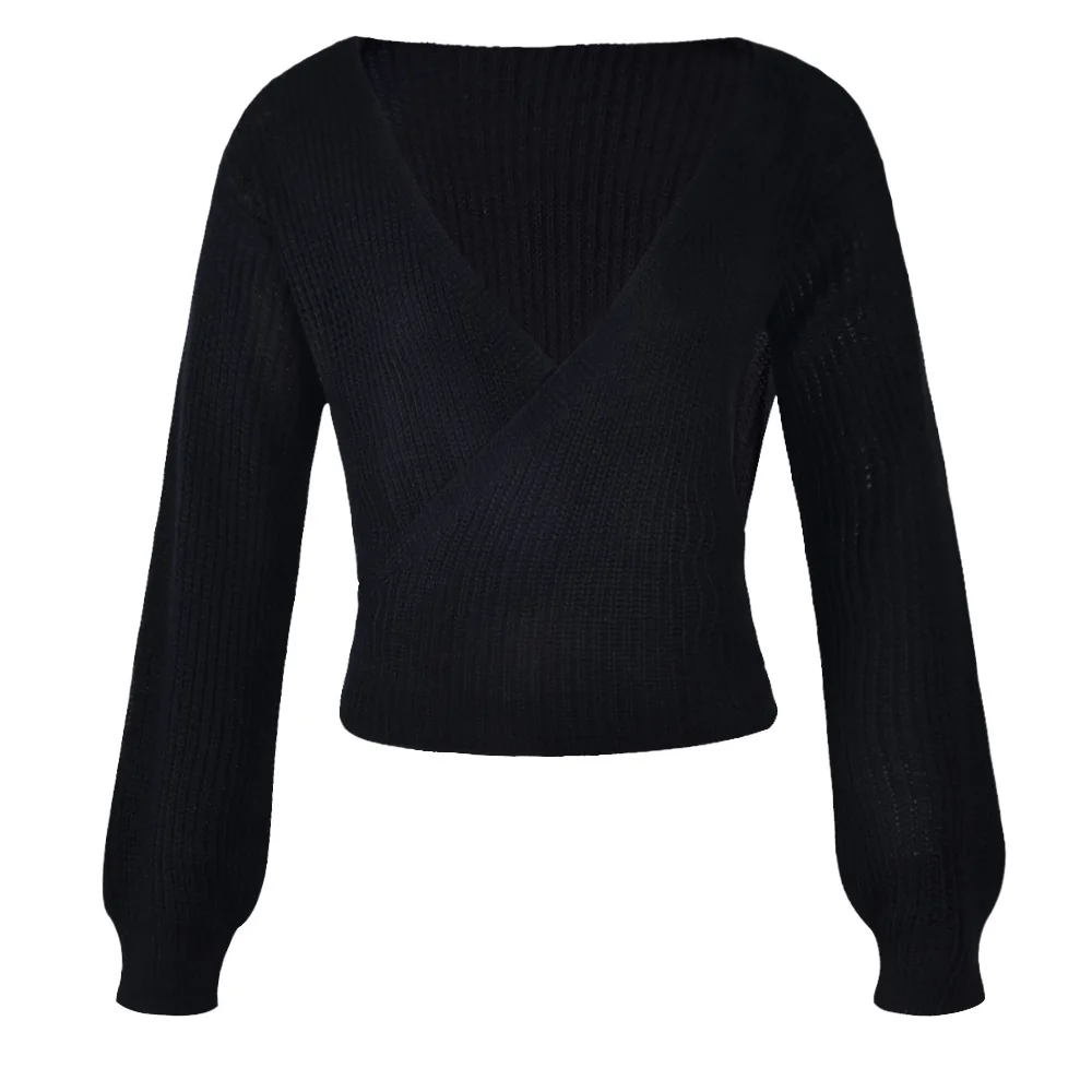 Sexy lace up Low deep V-neck Short Crop Sweater Women Lantern Sleeves Cross Neckline Off Shoulder Cropped Sweaters Pullovers