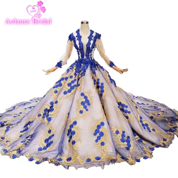 

Gorgeous Lace Royal Blue Evening Dresses 2019 Abiye Saudi Arabic Ball Gown Lace Evening Gowns Sparkle Crystal Sash Abendkleider