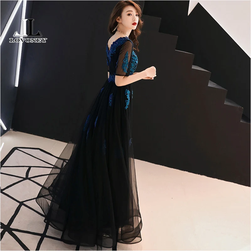 LOVONEY A Line V Neck Appliques Evening Dresses Long 2019 Elegant Woman Occasion Party Dresses Formal Evening Gowns MXN101