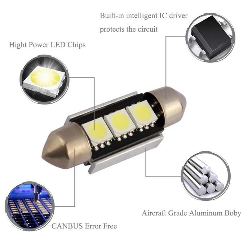 BOAOSI 2x светодиодный 36 мм белый Canbus C5W лампы 5050 SMD внутреннее освещение подсветка