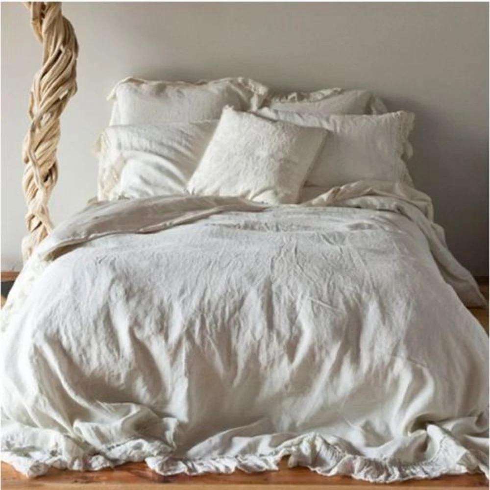 White Washed Ruffled Pure Linen Duvet Cover King Size Queen