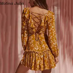 Motina Julia сексуальное платье с рюшами на шнуровке с цветочным принтом женское осеннее короткое элегантное Бохо Хлопковое платье женское