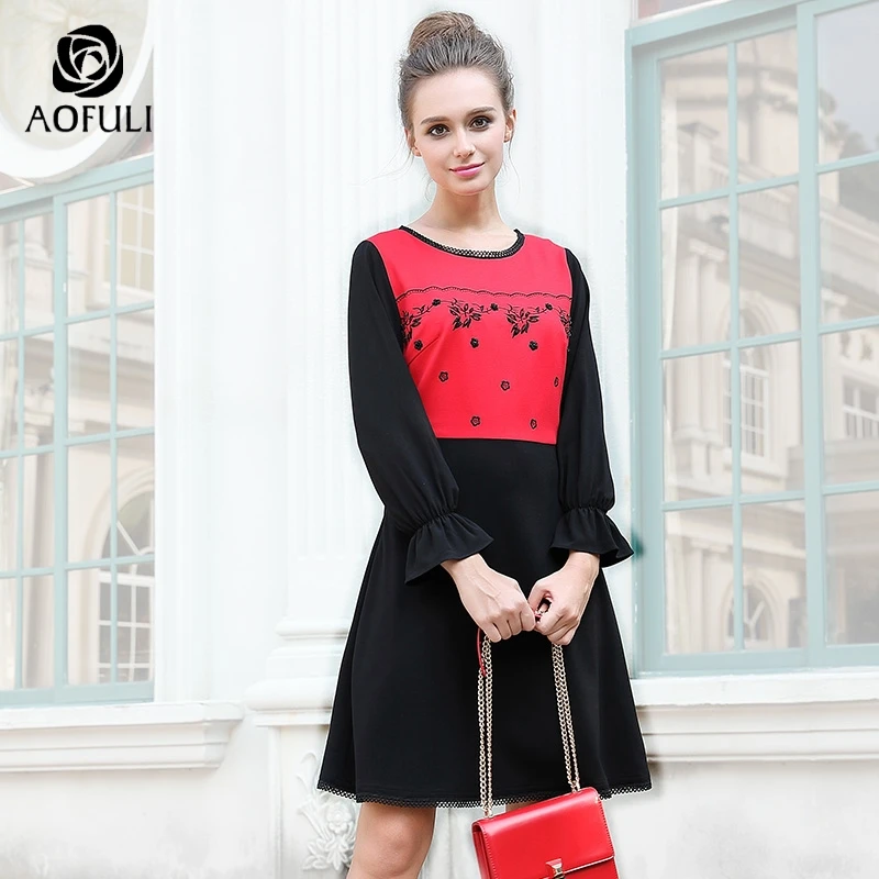 AOFULI Women Embroidered Patchwork Dress 2017 Autumn Color Block Black Red Long Sleeve Plus Size A-line Dresses M- 4XL 5XL 6170