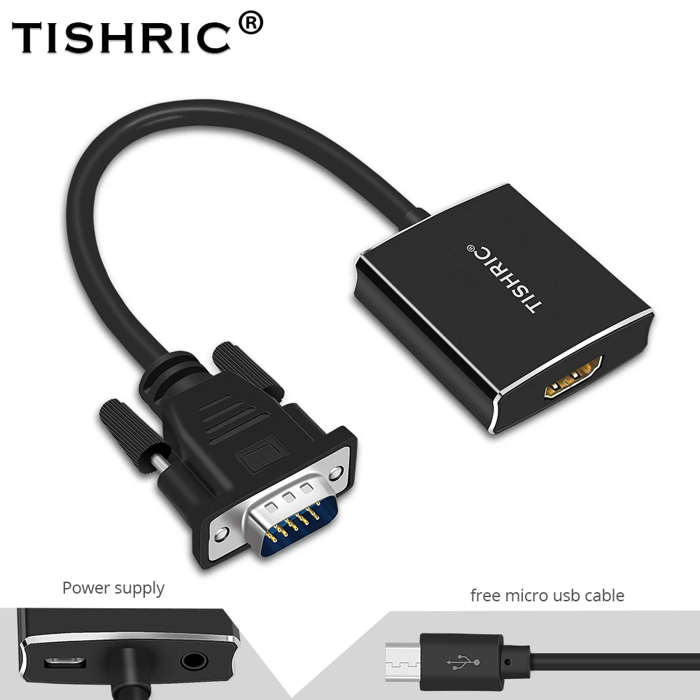 TISHRIC VGA to HDMI Audio USB Power Female Adapter Cable VGA2HDMI
