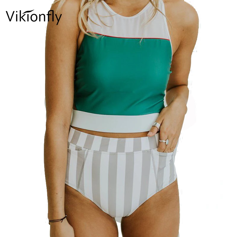 Vikionfly High Waist Swimsuit Bikini Women Crop Top Swimwear Striped