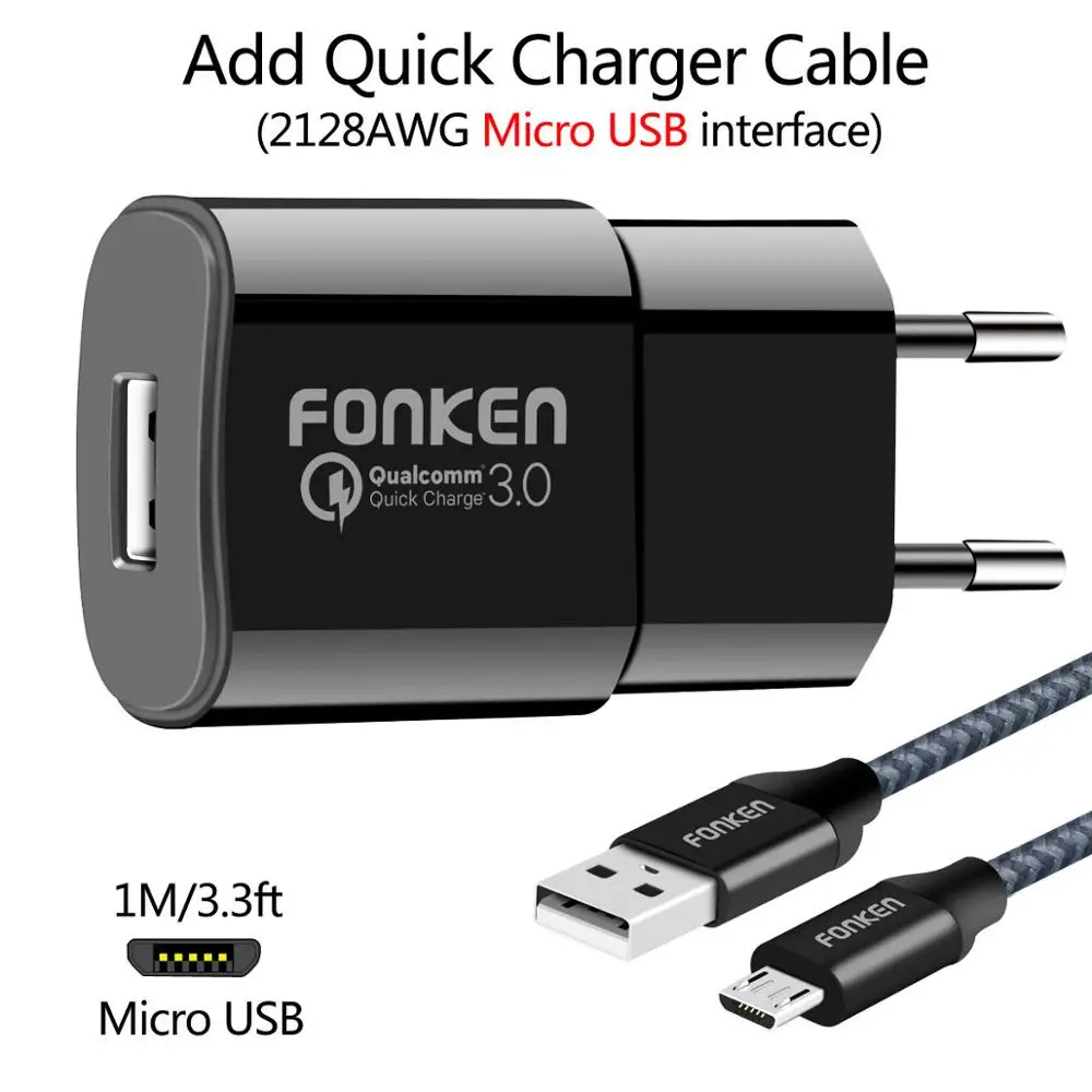 FONKEN 18 Вт USB зарядное устройство Quick Charge 3,0 быстрое зарядное устройство QC3.0 QC2.0 портативный настенный USB адаптер зарядка для мобильных телефонов зарядные устройства - Тип штекера: Black add Micro USB