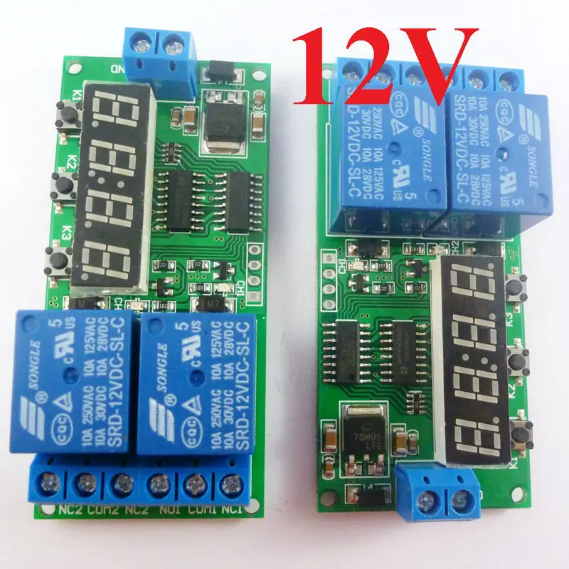 

KC22B02_12V*2 2pcs DC 12V 2CH Delay Relay Cycle Timer Switch Module 1-9999s for Motor LED Smart Home