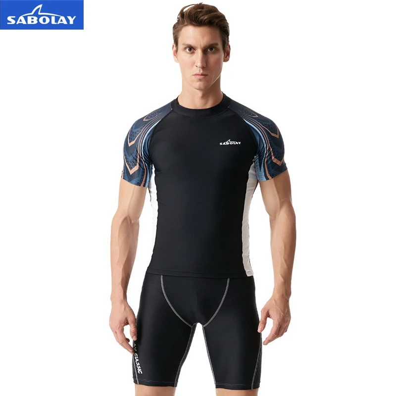 

SABOLAY Men Elastic lycra Quick dry Swimsuit Surf Sunscreen UV Protection Rash Guard Diving Suit Tight Beach Shirt Short Trunk