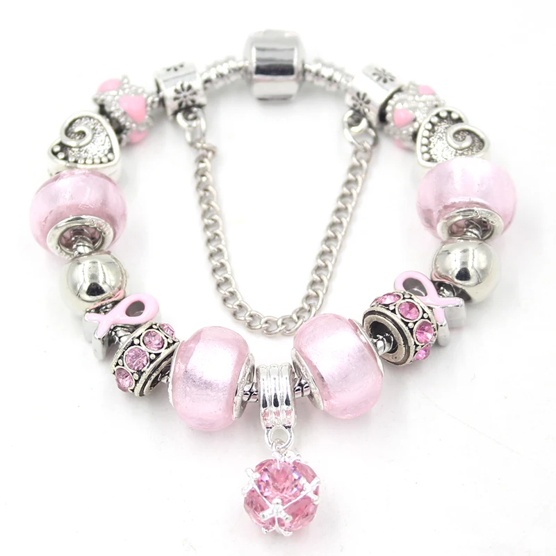 

New Arrival Pink Ball Bead Bracelet Women Jewelry Breast Cancer Awareness Pink Ribbon Bracelet for Women Gift Bijoux Pulsera