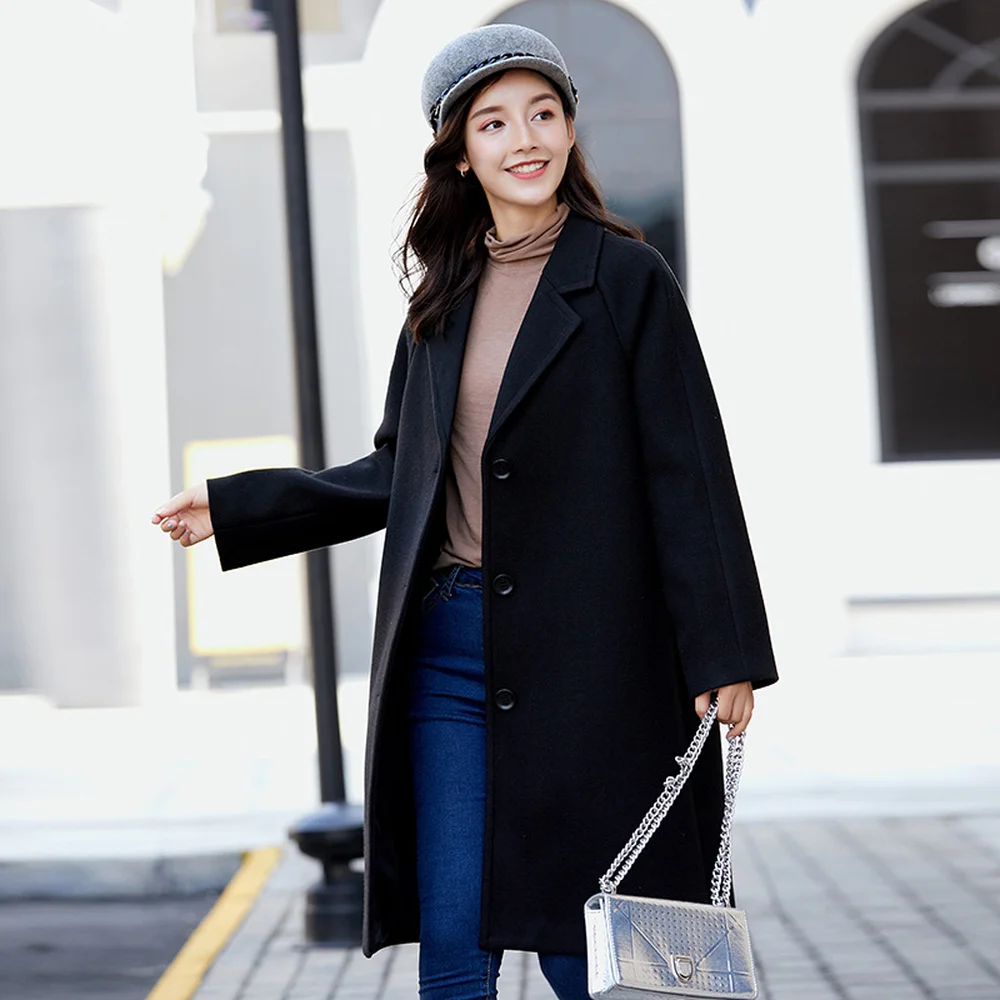 

Single Breasted Woolen Coat Female Korean 2019 New Solid Color Woolen Coat Long Coat Women
