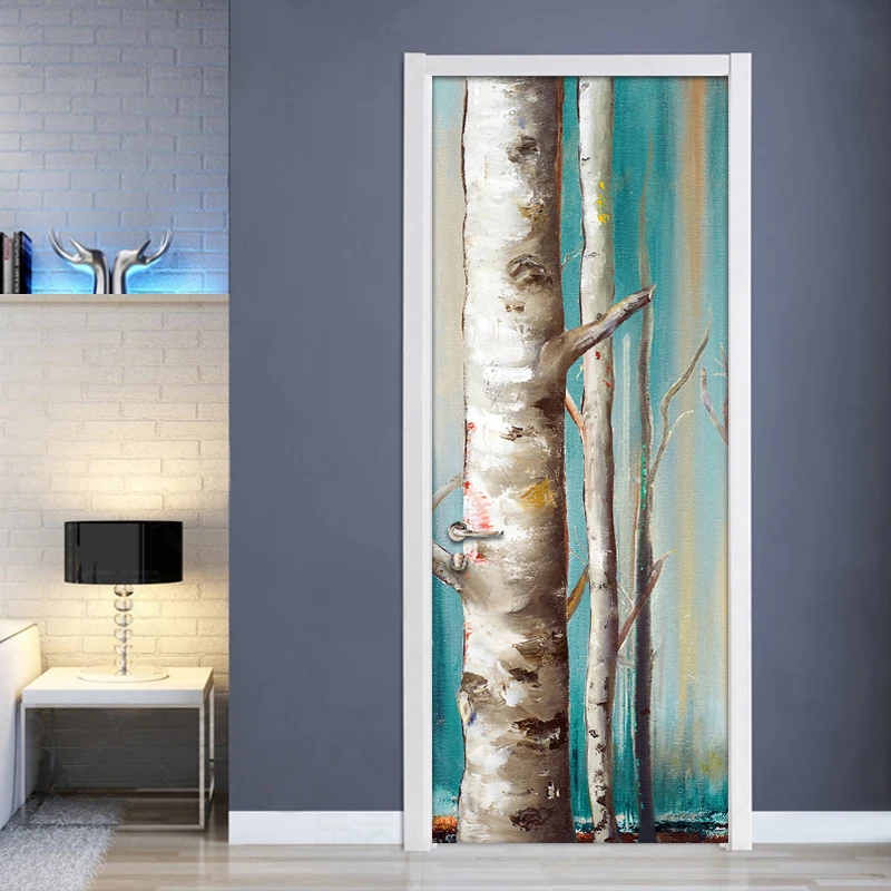 

European Style Retro Hand Painted White Birch Tree Forest Oil Painting DIY Self-adhesive 3D Door Sticker Wall Papers Home Decor