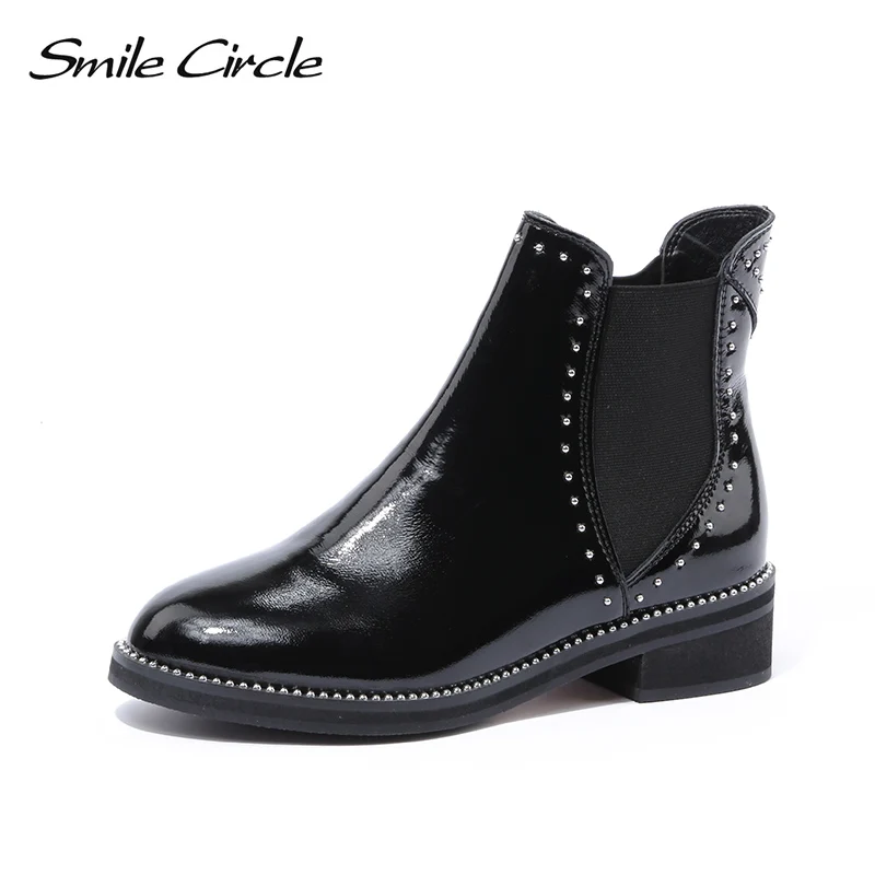

Smile Circle spring 2019 ankle leather boots for women black White Fashion Rivet Round toe Flat Short Boots ladies shoes