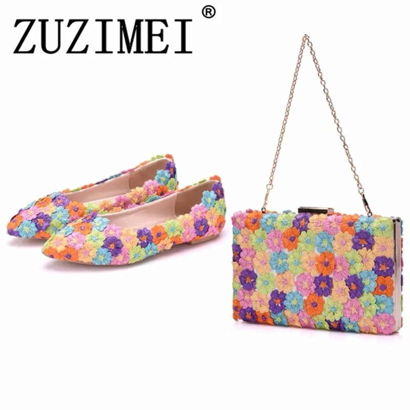 

Multicolor Flower Shining Crystal Womens Flat Wedding Shoes Matching Bags Clutches Flats Female Lady Party Shoes
