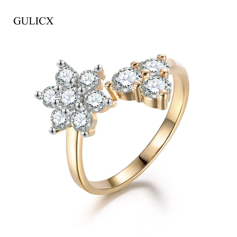 GULICX Korean Style Flower Shaped Female Open Rings Gold color CZ Women